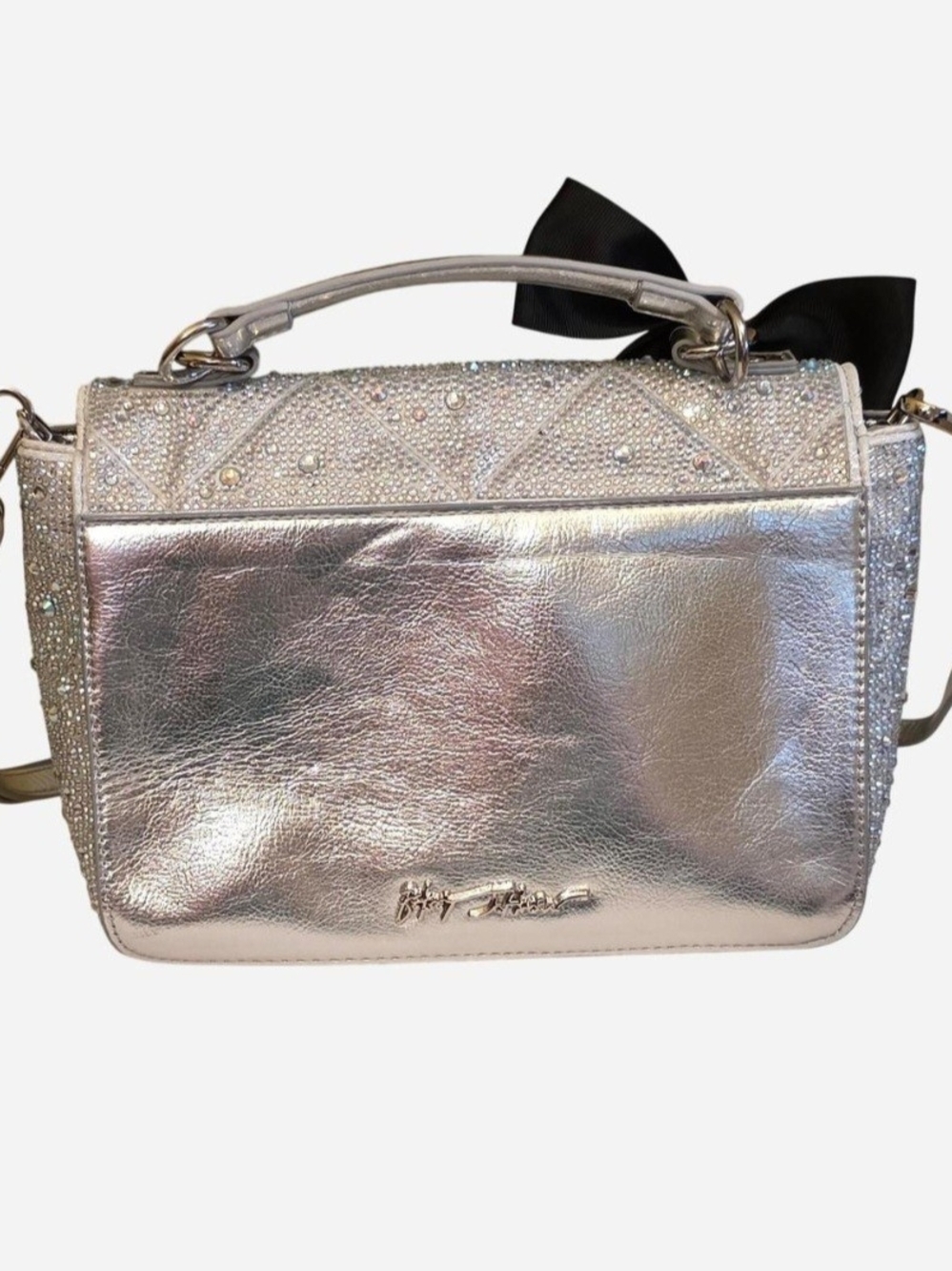 LIKE-NEW Betsey Johnson Silver Crystal Studded Purse w/Bow, Sparkle, Rhinestones - Picture 3 of 13